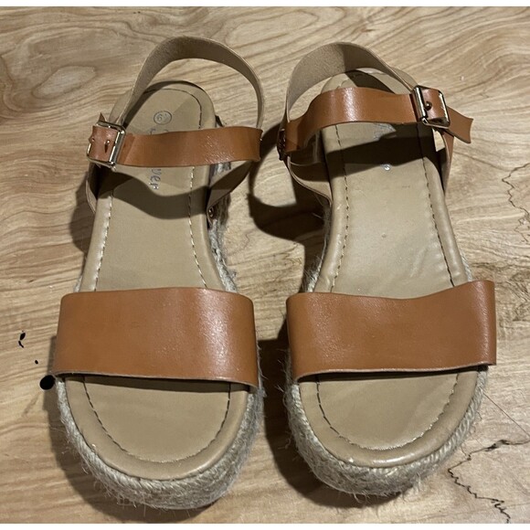 FOREVER 21 Brown Suede Wedge Platform Jute Strap Sandals Open Toe Women Sz 6.5 - Picture 3 of 10